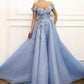 Light Steel Blue Off Shoulder Flower Pleated Banquet Evening Dress