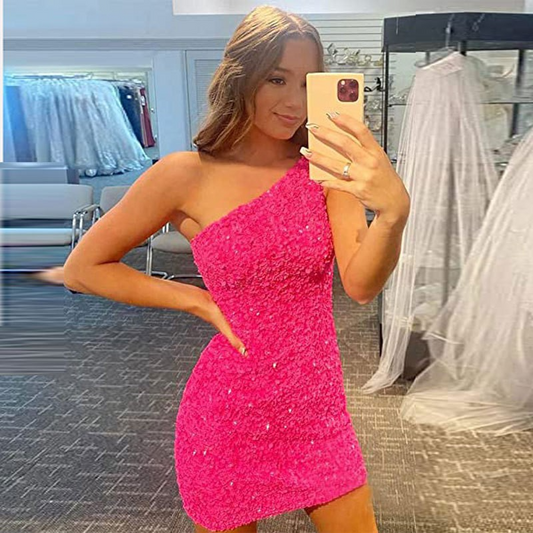 Sequin Oblique Shoulder Sleeveless Mini Dress