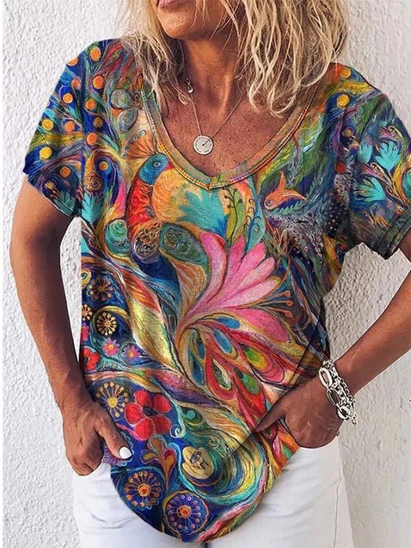 Peacock Print Round Neck Short Sleeves T-shirt