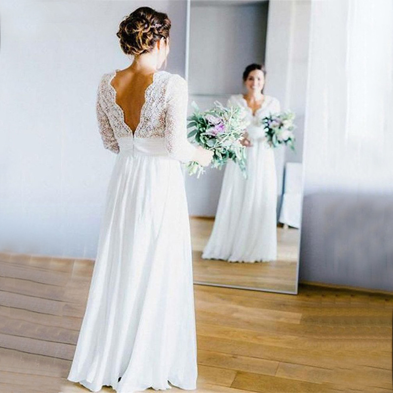 A Line Chiffon Long Sleeves V Neck Lace Beach Wedding Dress