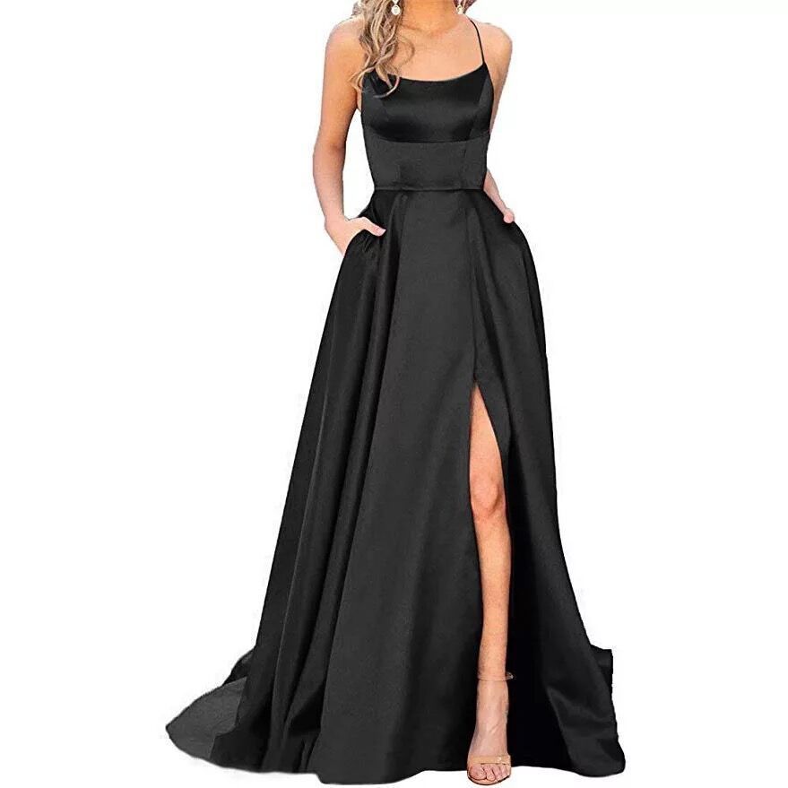 A-Line Spaghetti Strap Sleeveless Long Slit Maxi Dress