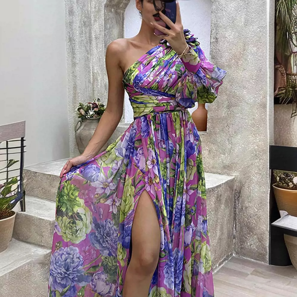 One-Shoulder Maxi Dress with Lantern Sleeve and Floral Print Design