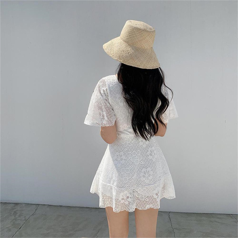 Lace V Neck Short Sleeves Mini Dress