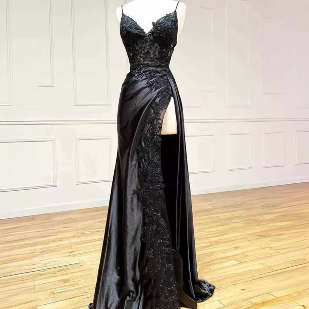 Black V Neck Sleeveless Long Slit Prom Dress MISSYETI