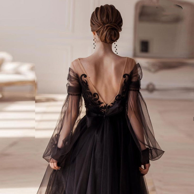 Black Long Sleeve Tulle A Line Evening Dress with Appliques