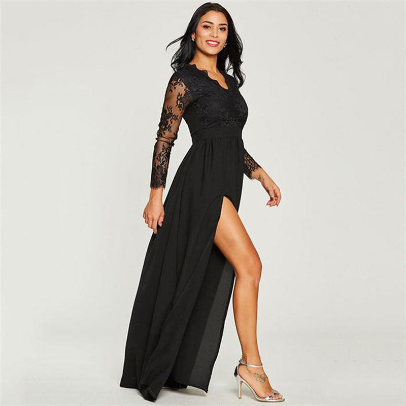 Black V-Neck Lace Embroidered Split Prom Dress