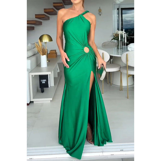 Satin Twist Ruched One Shoulder Cutout Detail Slit Maxi Dress