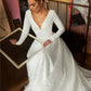 Ivory Satin Deep V-Neck Long Sleeves Wedding Dress