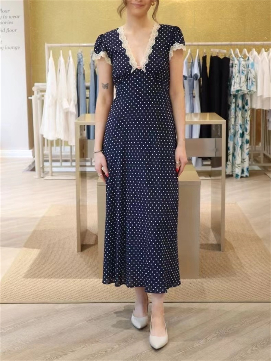 The Navy V Neck Polka Dot Lace Ruched Maxi Dress