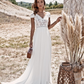 Lace V-Neck Short Sleeves Backless Brush Train Boho Bridal Dress