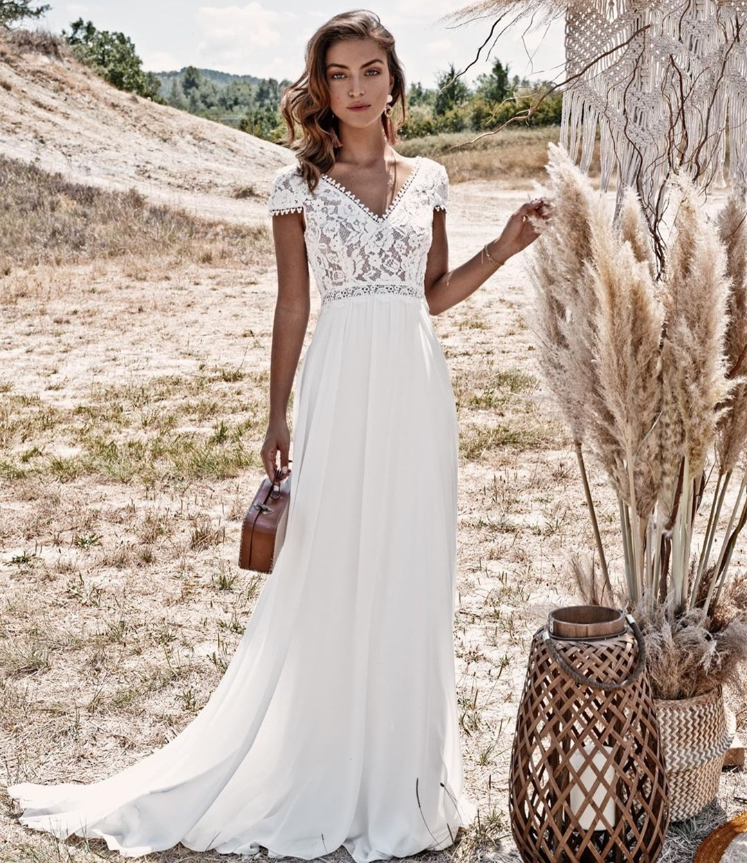 Lace V-Neck Short Sleeves Backless Brush Train Boho Bridal Dress