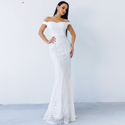 Off Shoulder Sequin Fishtail Evening Dress