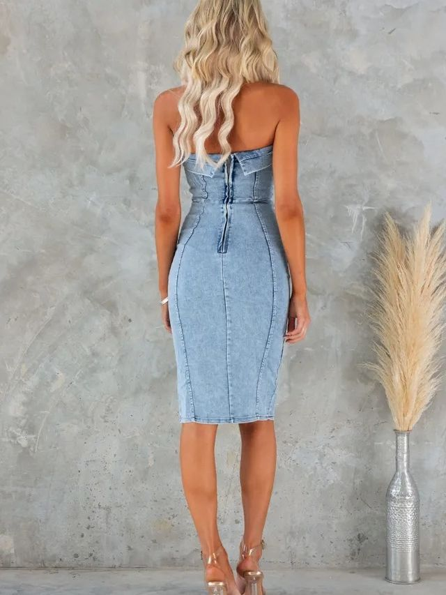 Strapless Sleeveless Denim Midi Dress