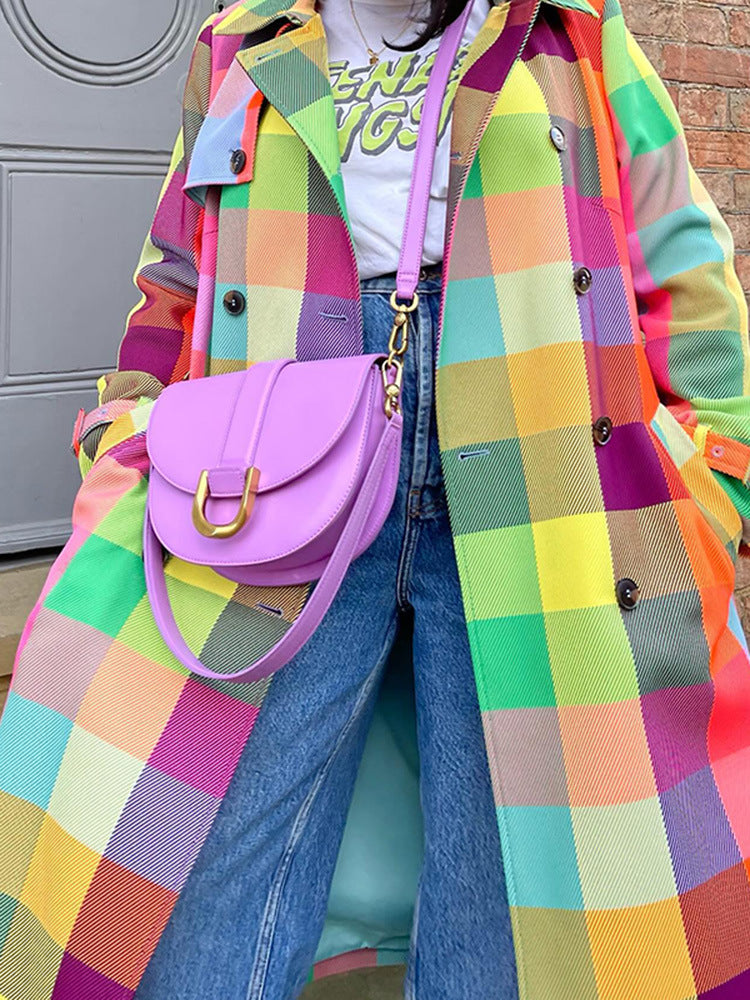 Color Plaid Urban Long Sleeve Trench Coat With Belt