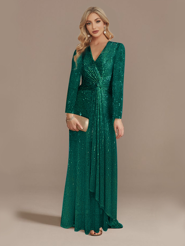 Long Sleeve V Neck Sequined Evening Dress