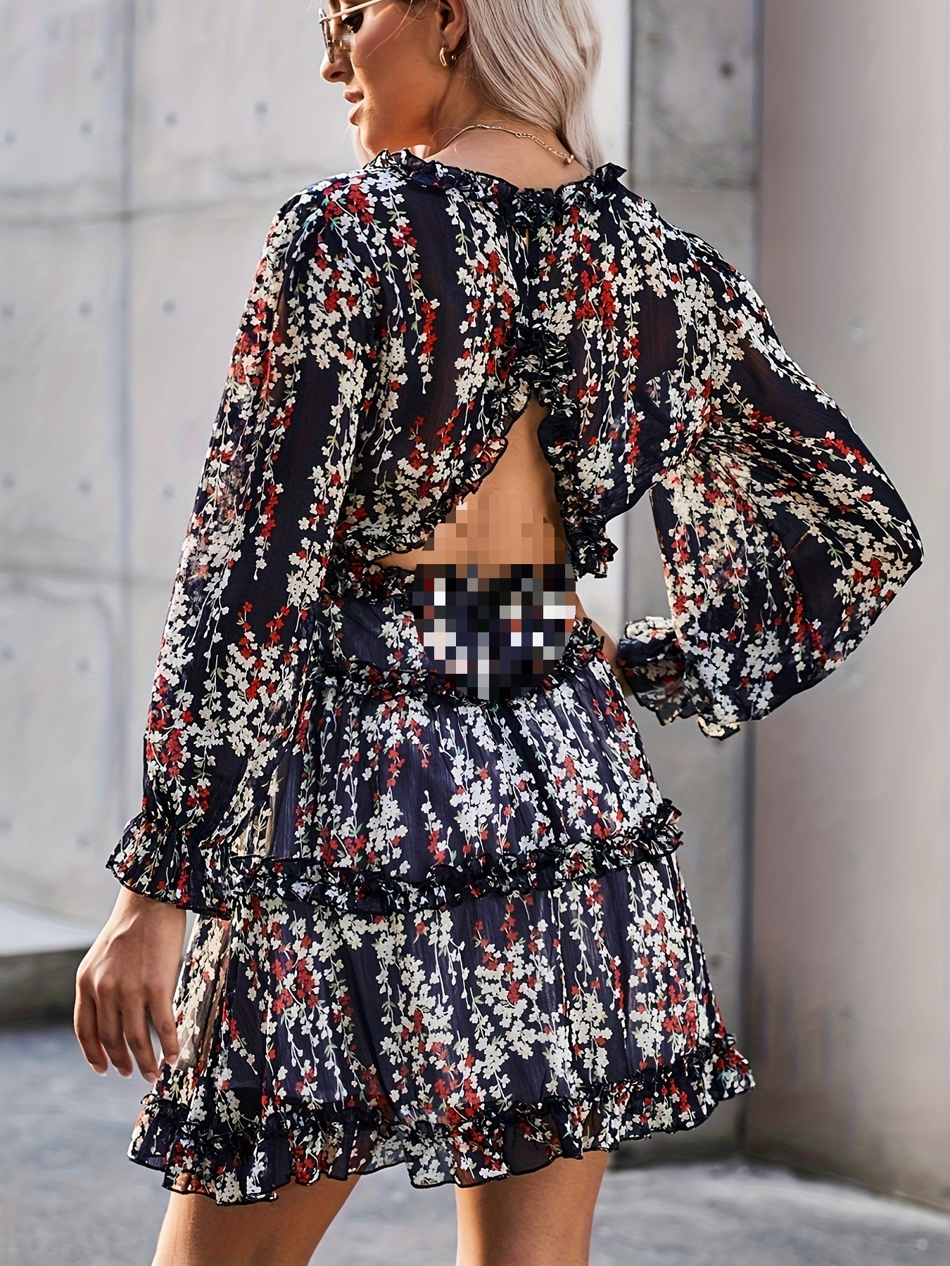 Floral Printed Cutout Back Ruffle Detail Dress