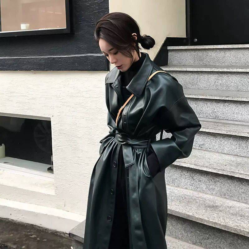 Loose Belt PU Leather Trench Coat