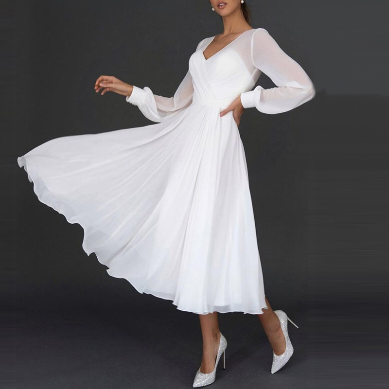 Long Sleeves Tea-Length A-Line Wedding Dress With Chiffon V-Neck