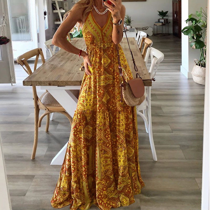 Floral Printed V Neck Sleeveless Casual Maxi Dress