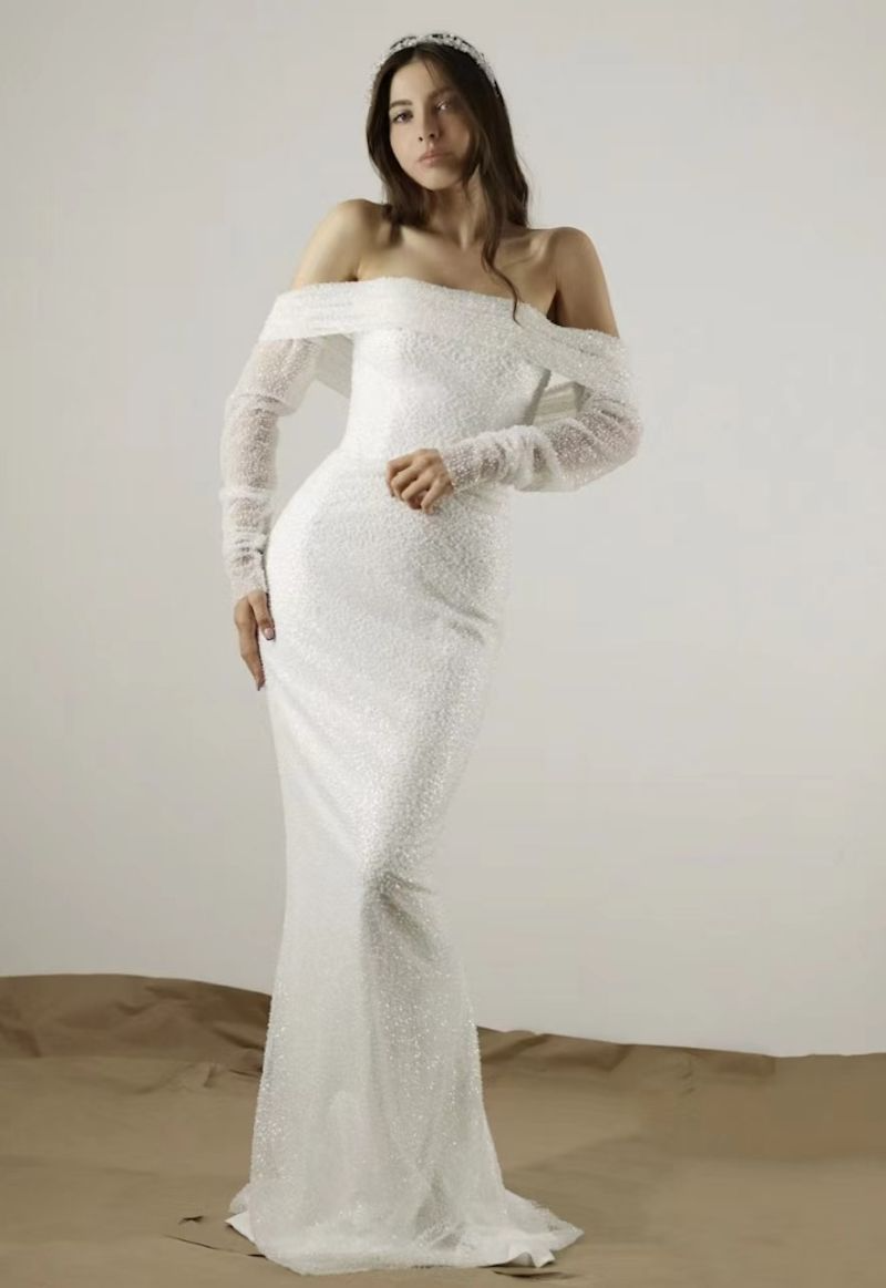 Sequined Off-The-Shoulder Long Sleeves Wedding Dress