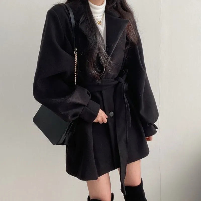 Puff Sleeve Belted Woolen Coat