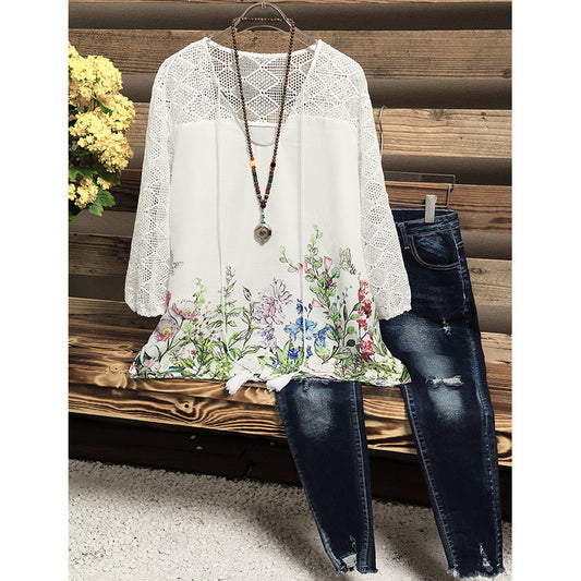 Floral Print Hollow out Scarf Neck 3/4 Sleeves Blouse