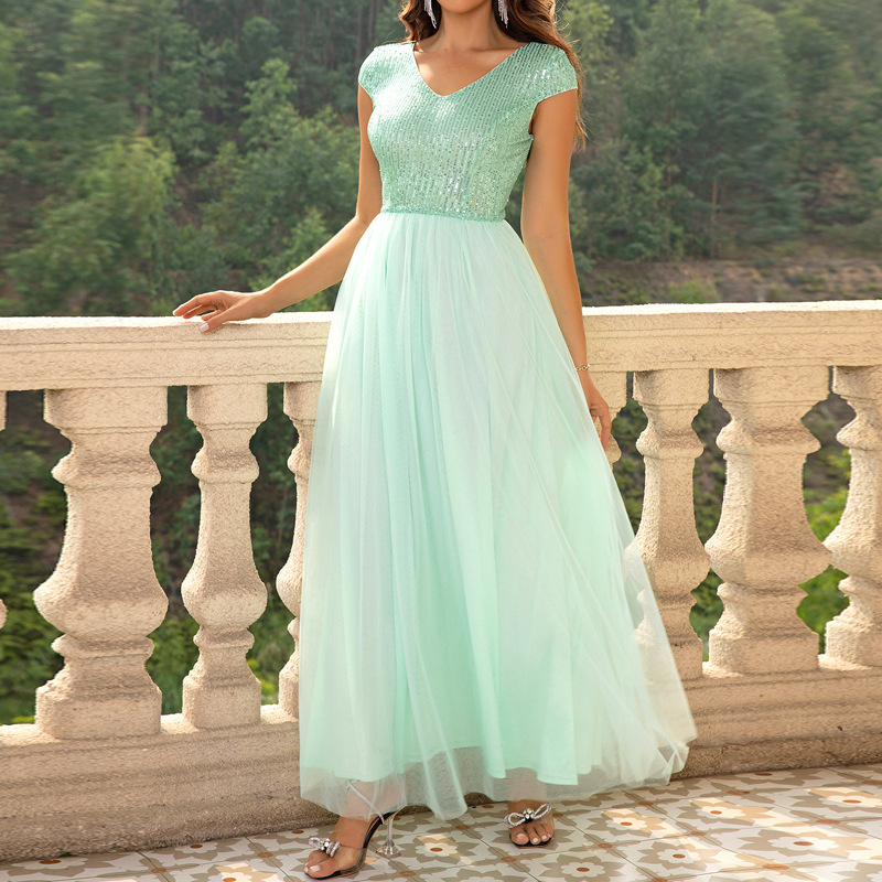 Cap-sleeved V Neck A-line Tulle Dress