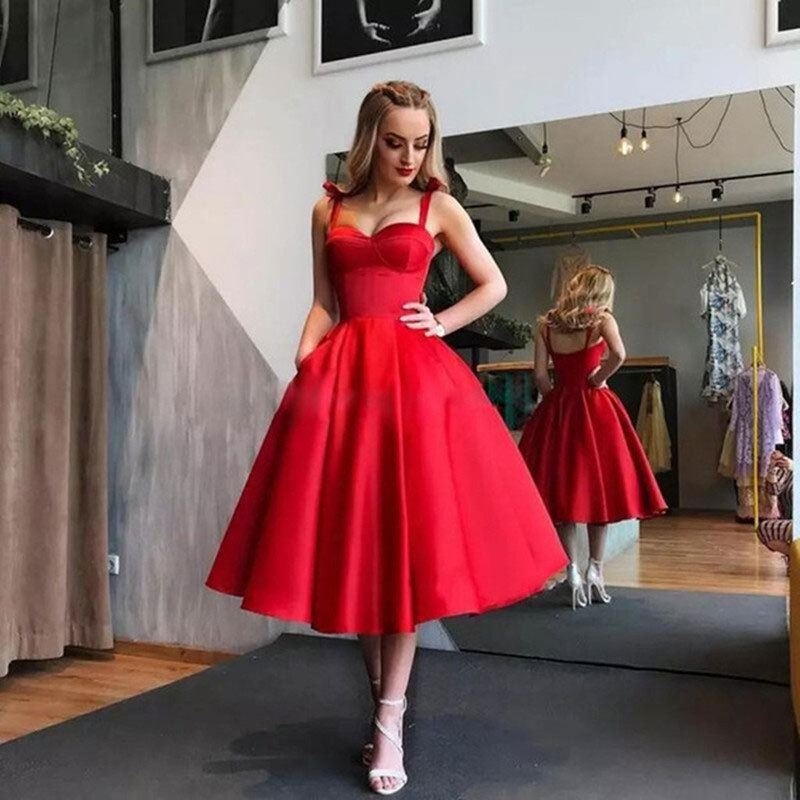 Red Simple Sleeveless Tea-length Party Dress