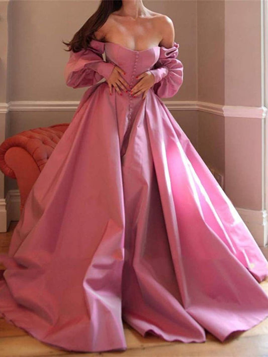 Satin A-Line Long Sleeves Square Ruffles Floor-Length Prom Dress