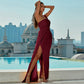 One Shoulder Draping Split Leg Maxi Prom Dress