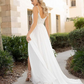 A Line Chiffon Lace Sweetheart Spaghetti Straps Backless Beach Wedding Dress