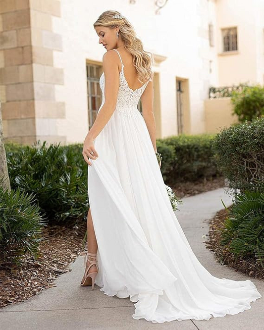 A Line Chiffon Lace Sweetheart Spaghetti Straps Backless Beach Wedding Dress