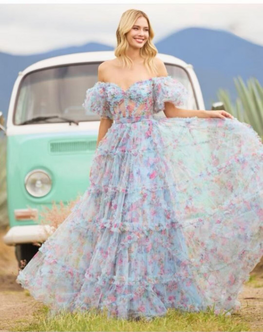 Floral Printed Short Sleeves Long Prom Dress