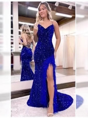 Velvet Sequins Feathers V-neck Sleeveless Brush Train Prom Dress