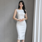 White Bateau Neckline Knee Length Satin