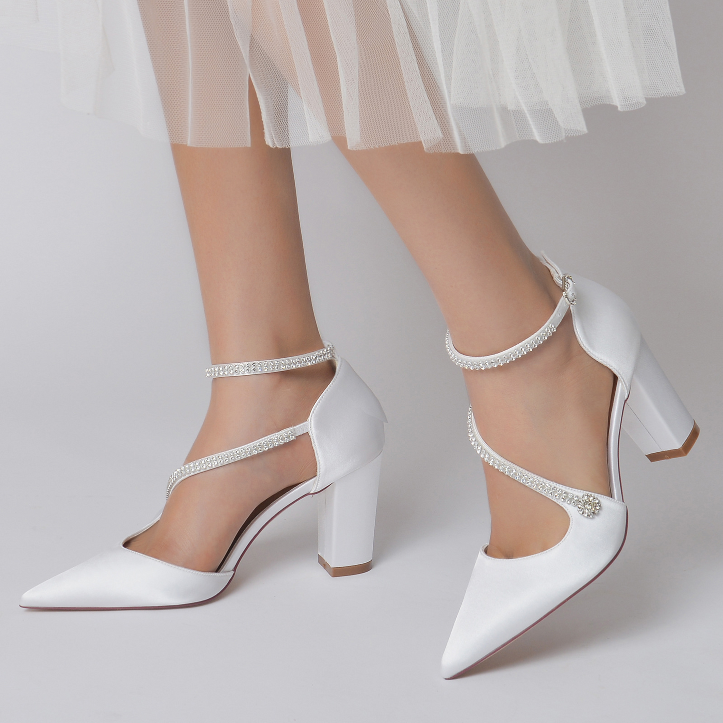 Simple Satin Block Heel Point Toe Wedding Heels