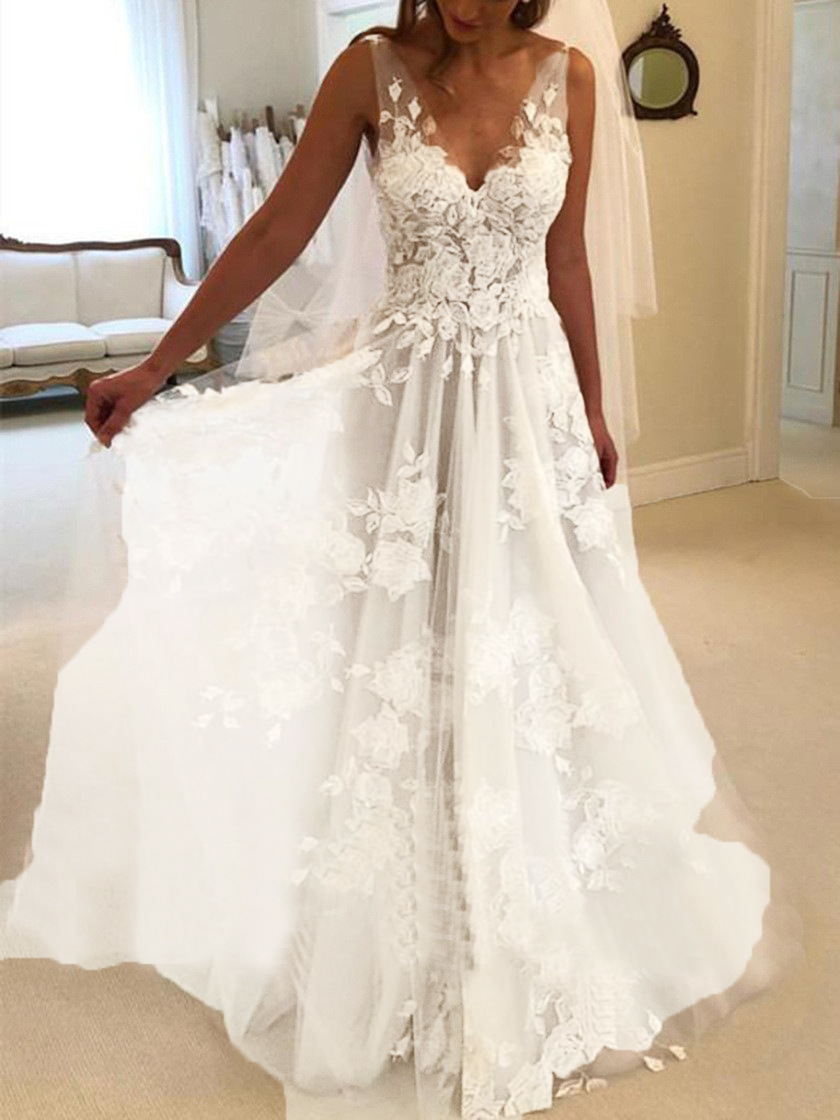 Lace A-Line V Neck Sleeveless Wedding Dress