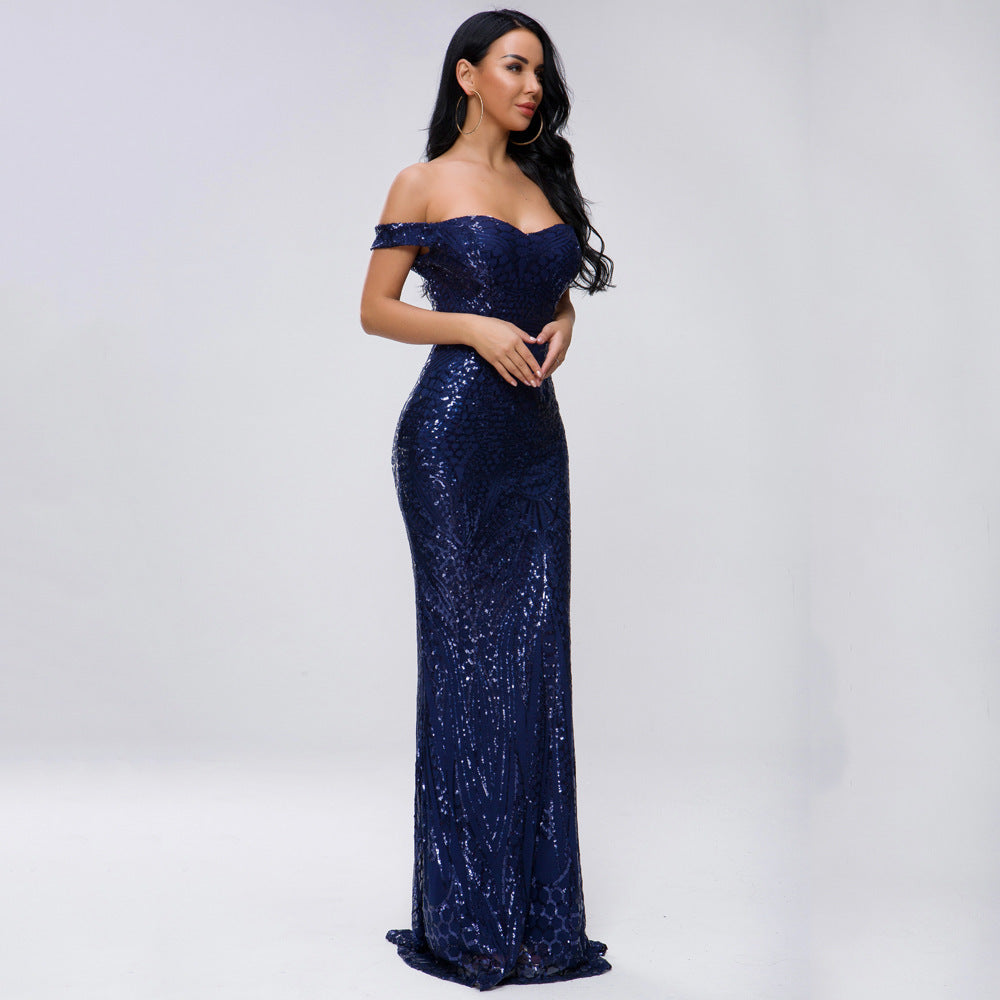 Off Shoulder Sequin Fishtail Evening Dress