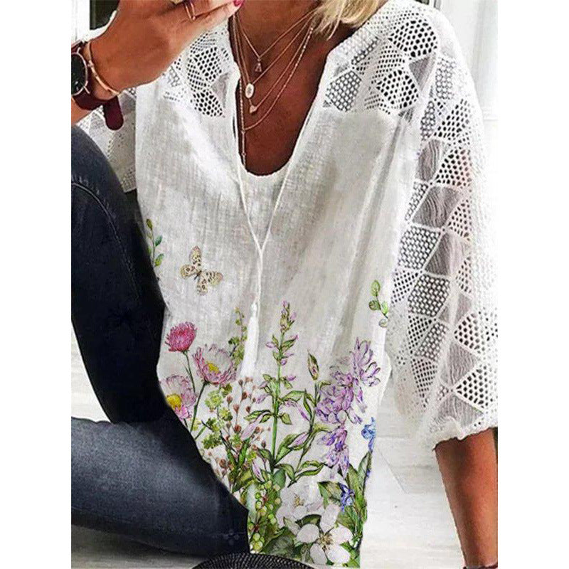 Floral Print Hollow out Scarf Neck 3/4 Sleeves Blouse