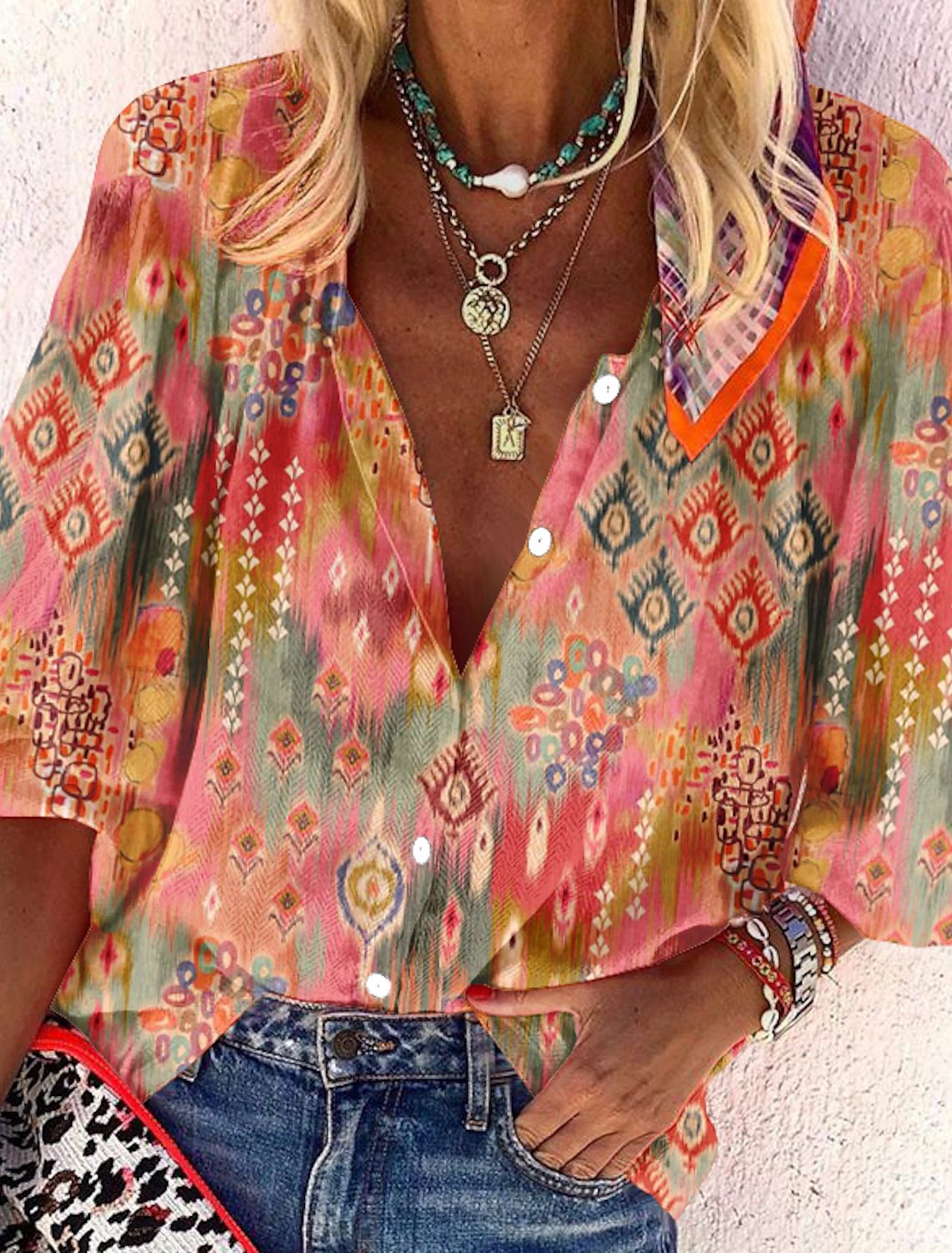 Casual Basic Print Long Sleeve Button Blouse Shirt