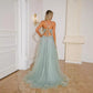 Deep V-neck Tulle Applique Sleeveless Brush Train Prom Dress
