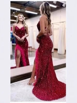 Velvet Sequins Feathers V-neck Sleeveless Brush Train Prom Dress
