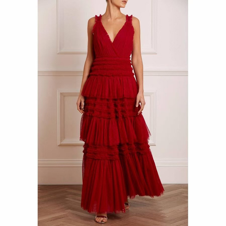 Deep V Neck Sleeveless Ruffle Maxi Dress