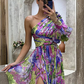 One-Shoulder Maxi Dress with Lantern Sleeve and Floral Print Design