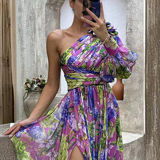 One-Shoulder Maxi Dress with Lantern Sleeve and Floral Print Design