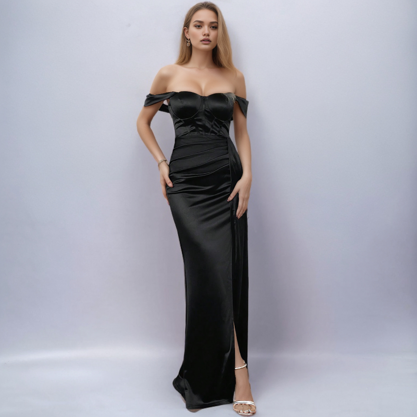 Satin Off-Shoulder Long Slit Prom Dress