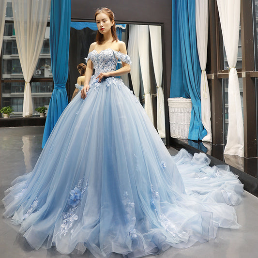Off-the-Shoulder Sleeveless Applique Chapel Train Prom Dress