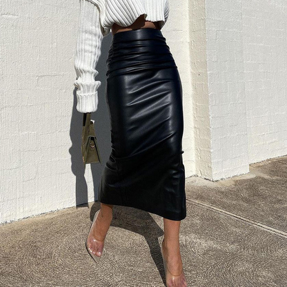 Black Faux Leather Ruched Long Skirt