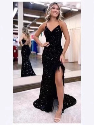 Velvet Sequins Feathers V-neck Sleeveless Brush Train Prom Dress