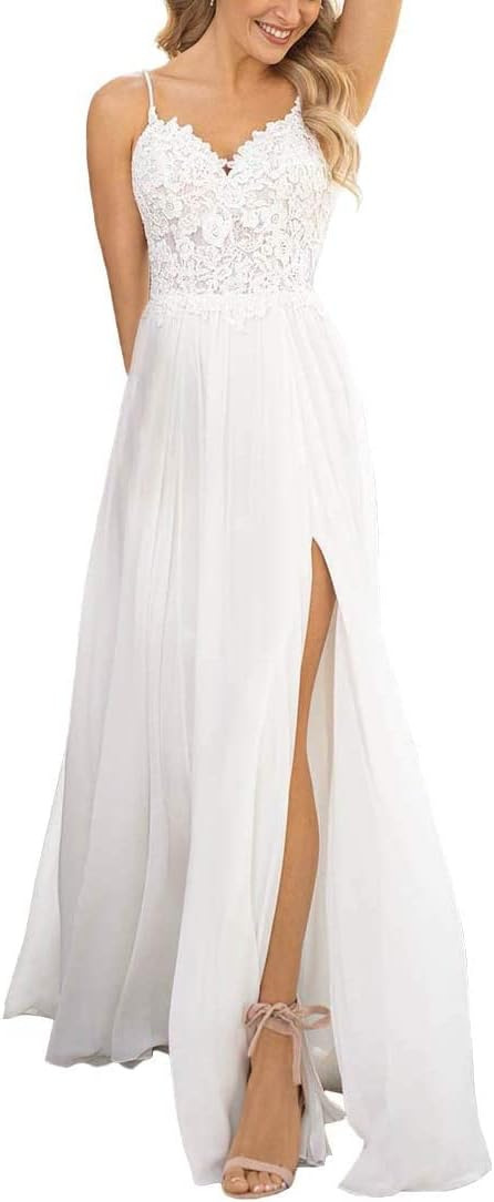 A Line Chiffon Lace Sweetheart Spaghetti Straps Backless Beach Wedding Dress